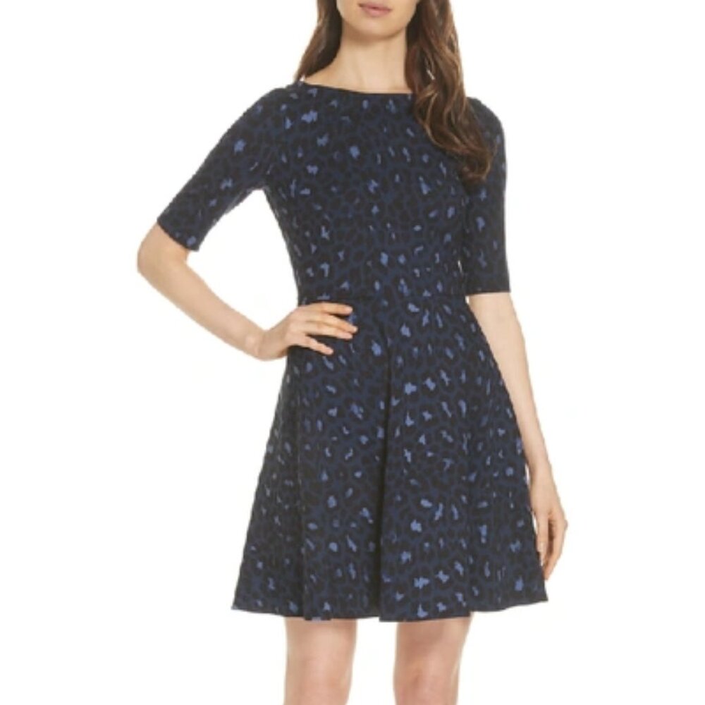 EUC Kate Spade New York Fit Flare Lace Up Leopard Ponte Dress Black Blue Size XS
